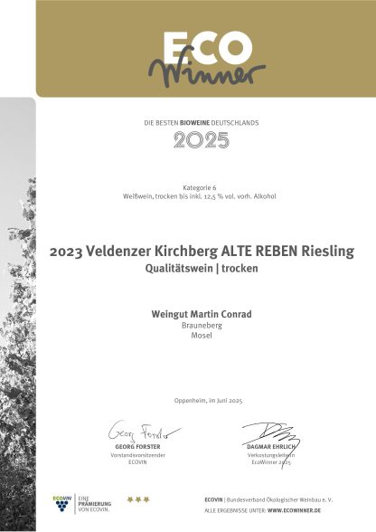 <br>Artikel-Nr.: 23-32<br>2023 Veldenzer Kirchberg - ALTE REBEN - Riesling Qualitätswein  trocken 0,75l (BIO-WEIN)<br> – Bild 2