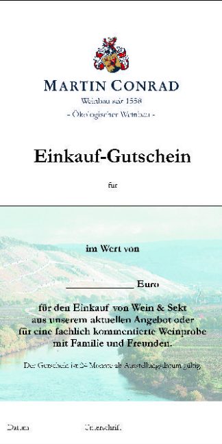 <br>Artikel-Nr.: Gutschein<br>WERT-GUTSCHEIN in gewünschter Höhe zum Einkauf von WEIN & SEKT in unserem Weingut oder für eine fachlich kommentierte WEINPROBE. Der Versand erfolgt per Post oder Email.<br>