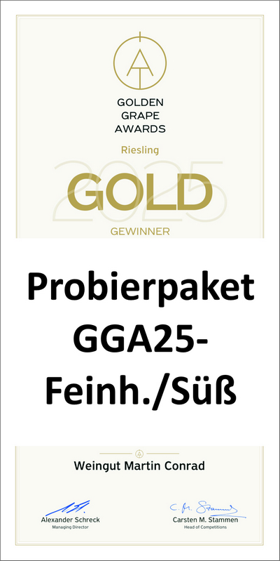 <br>Artikel-Nr.: GGA25-FHS<br>Golden Grape Award GOLD-PAKET - FEINHERB/SÜSS mit je einer Flasche: 23-11, 24-11, 24-13, 23-14, 24-22, 23-23 - zum Vorzugspreis von 95,00 € statt 104,40 € (zuzüglich Versand)<br>